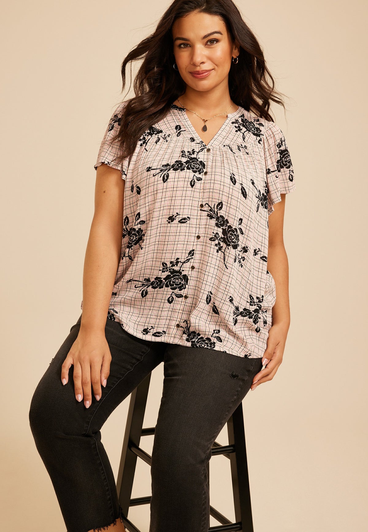 Maurices Plus Size Floral Plaid Flutter Sleeve Blouse