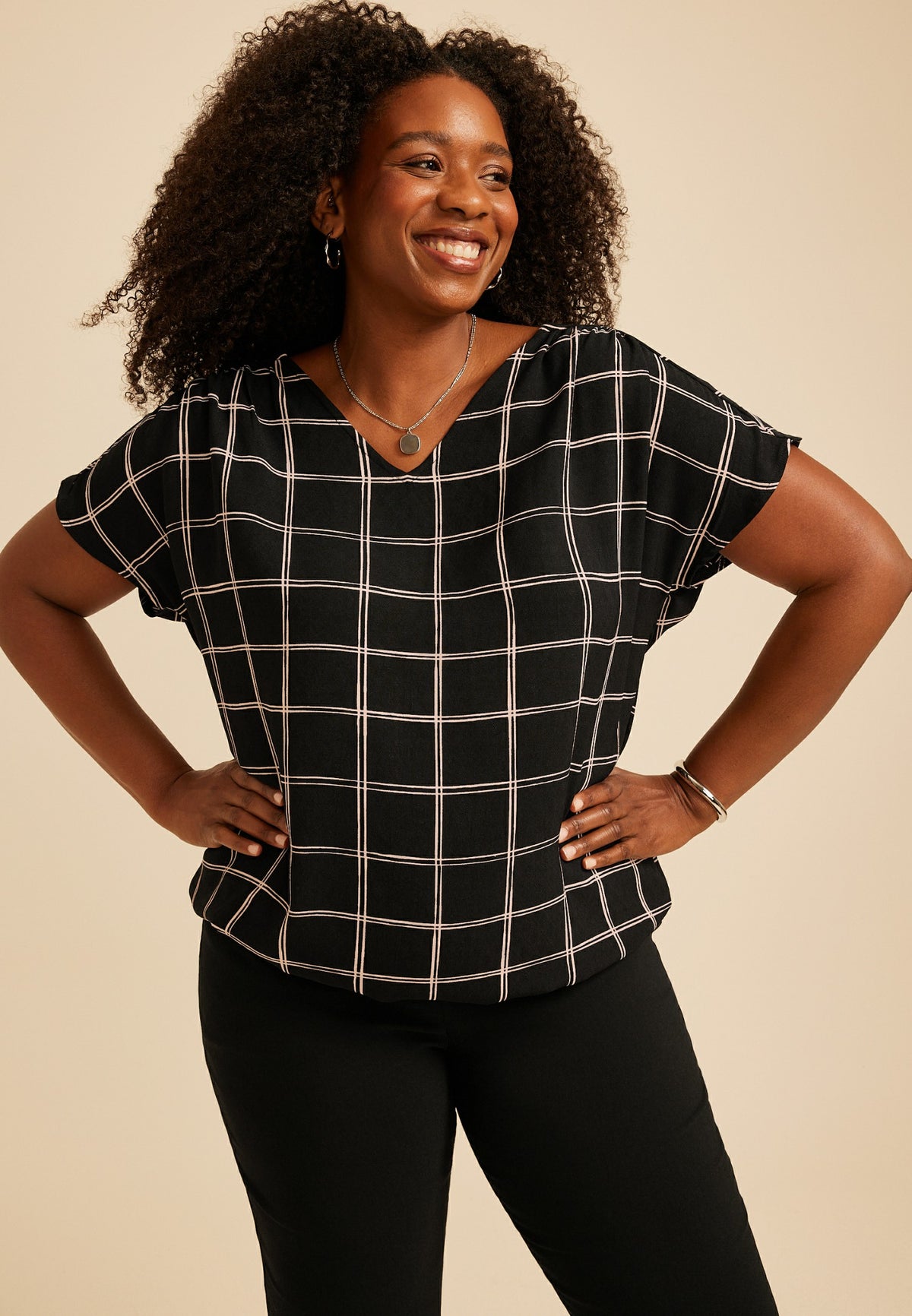 Maurices Plus Size Windowpane Plaid Dolman Short Sleeve Blouse