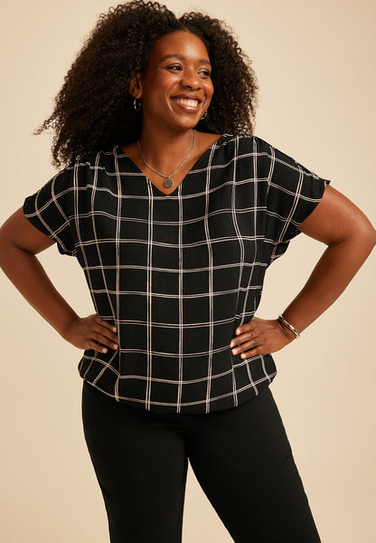 Maurices Plus Size Windowpane Plaid Dolman Short Sleeve Blouse
