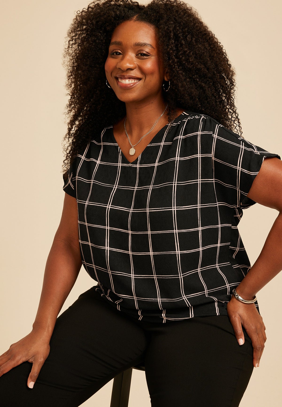Maurices Plus Size Windowpane Plaid Dolman Short Sleeve Blouse