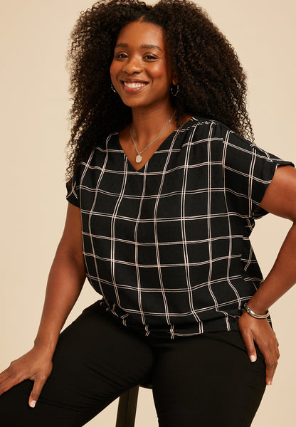 Maurices Plus Size Windowpane Plaid Dolman Short Sleeve Blouse