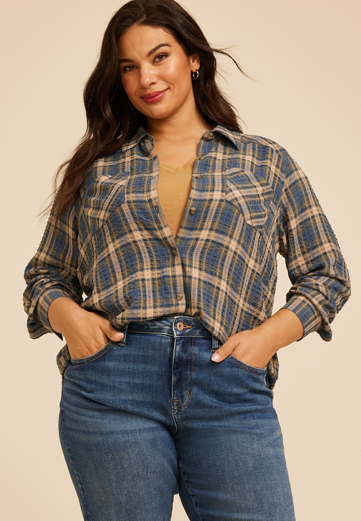 Maurices Plus Size Pucker Plaid Button Down Shirt