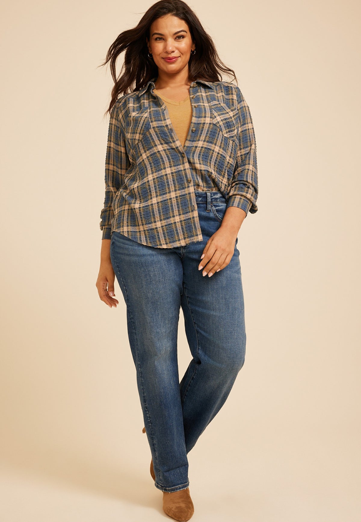 Maurices Plus Size Pucker Plaid Button Down Shirt