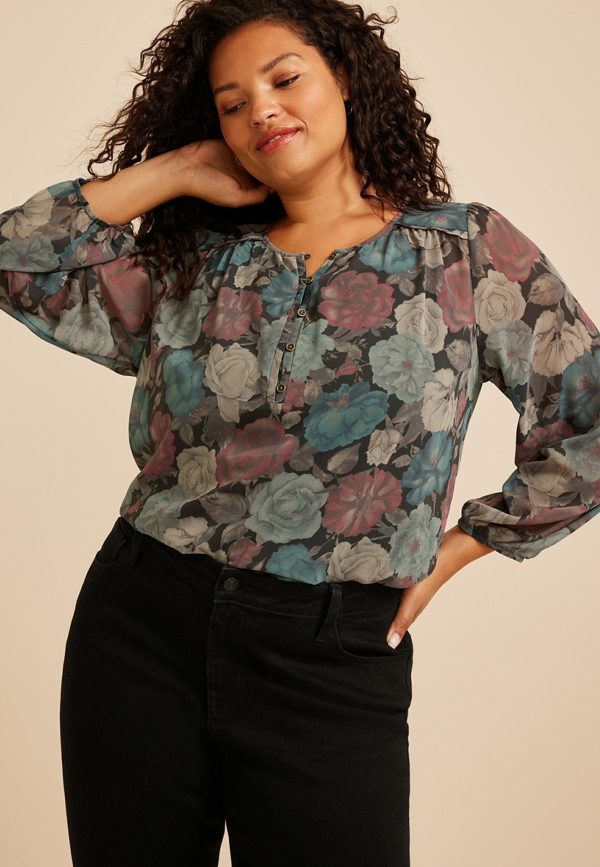 Maurices Plus Size Floral Chiffon Henley Blouse