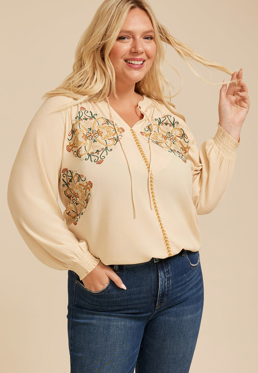 Maurices Plus Size Embroidered Tie Front Peasant Blouse