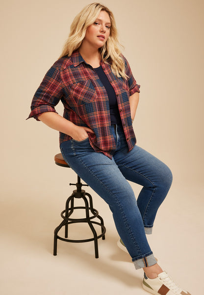 Maurices Plus Size Pucker Plaid Button Down Shirt