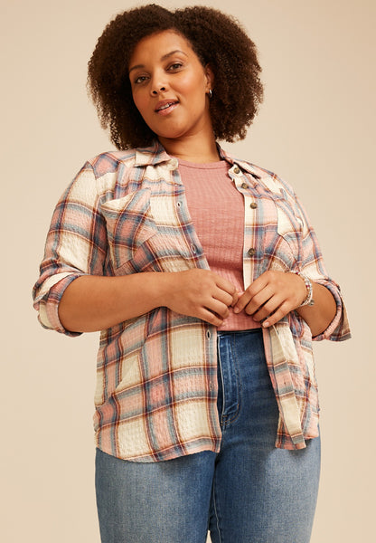 Maurices Plus Size Pucker Plaid Button Down Shirt