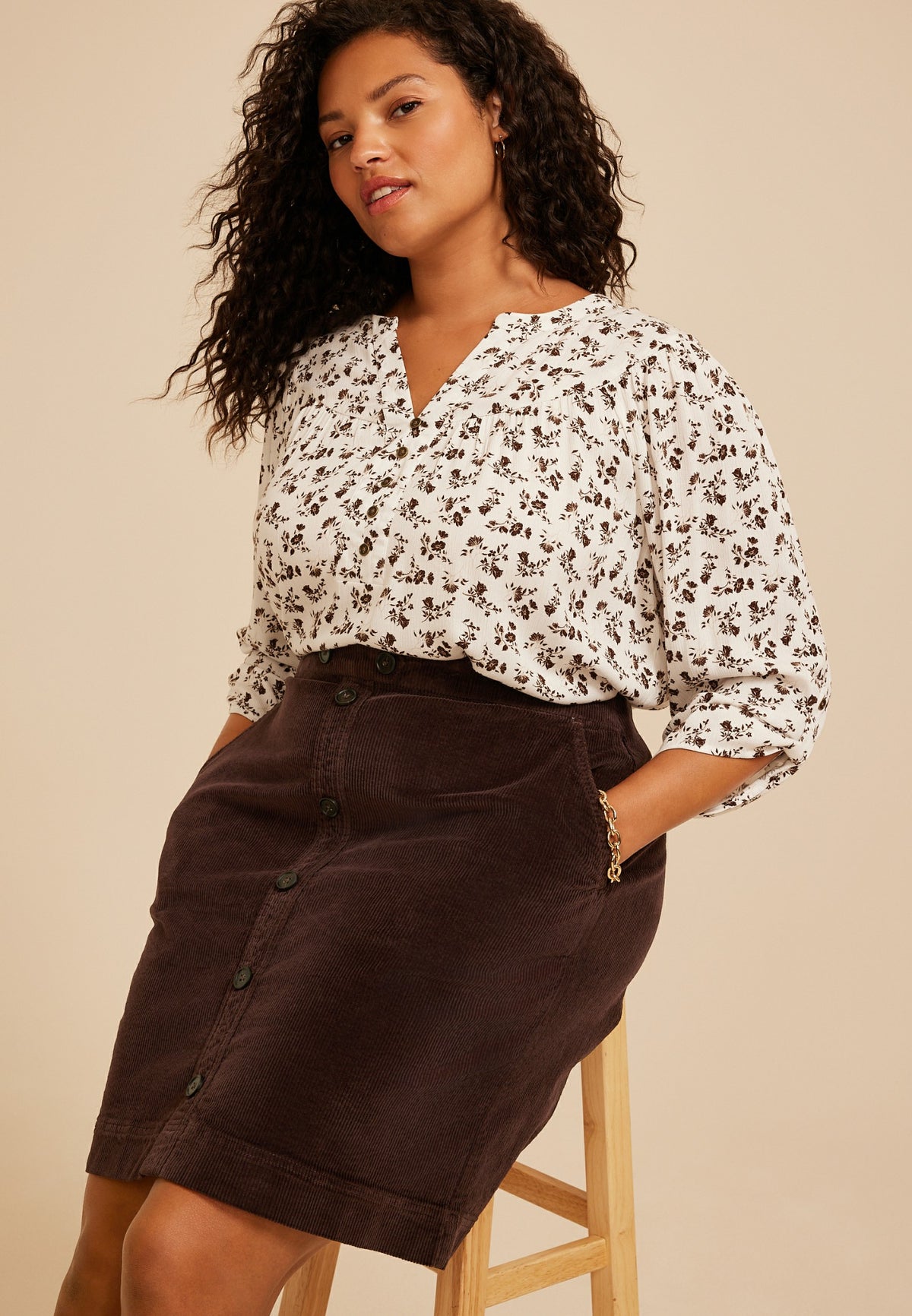 Maurices Plus Size High Rise Faux Button Front Corduroy Skirt