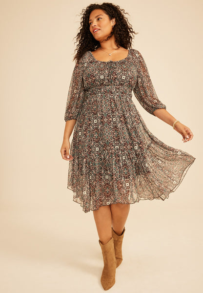 Maurices Plus Size Floral Mesh Hanky Hem Midi Dress
