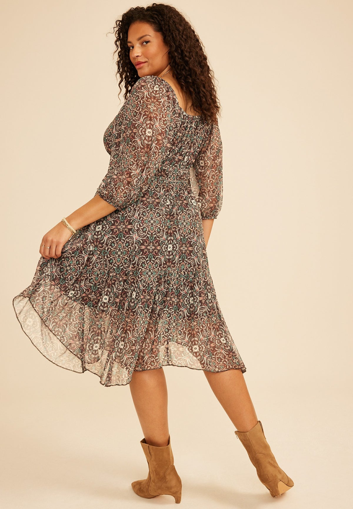 Maurices Plus Size Floral Mesh Hanky Hem Midi Dress