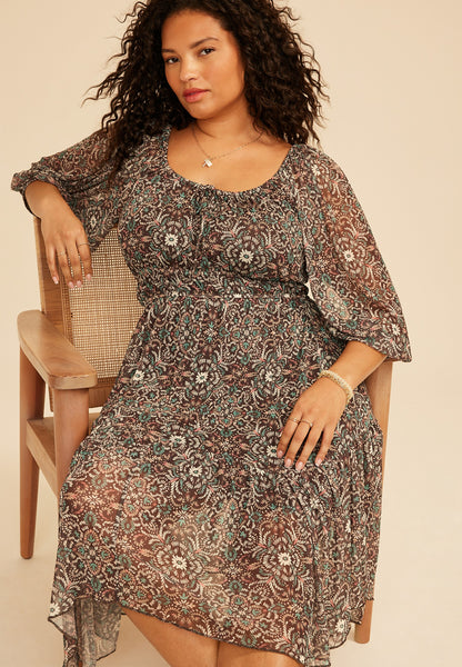 Maurices Plus Size Floral Mesh Hanky Hem Midi Dress
