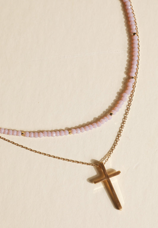 Maurices Blush Pink Beaded Cross Layered Necklace