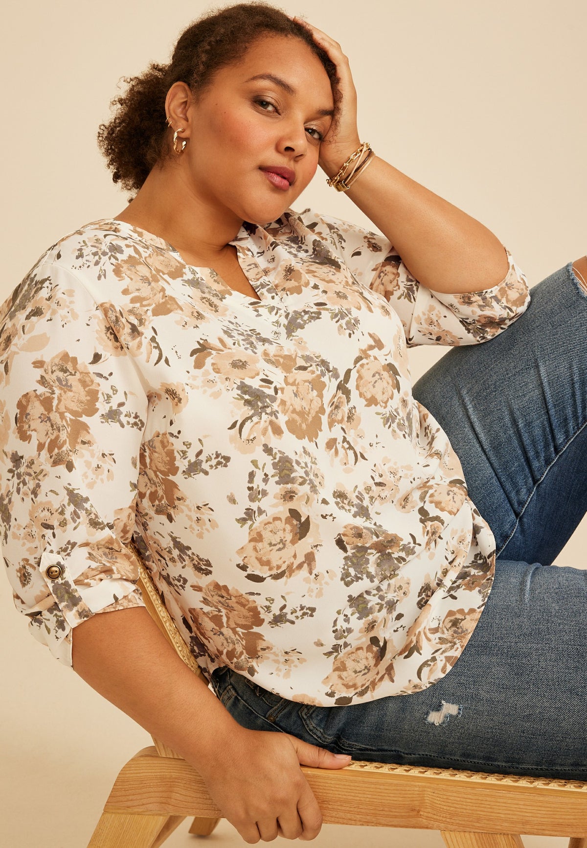Maurices Plus Size Atwood Floral 3/4 Sleeve Popover Blouse