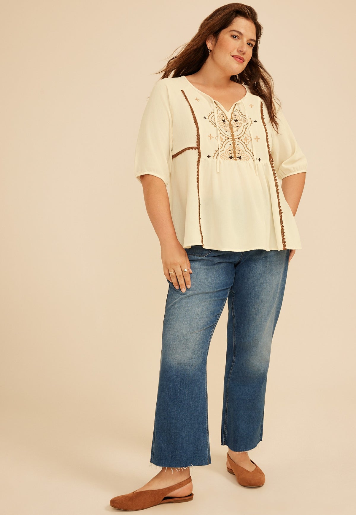 Maurices Plus Size Embroidered Front Tie Peasant Short Sleeve Blouse