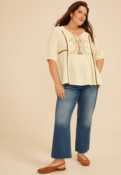 Maurices Plus Size Embroidered Front Tie Peasant Short Sleeve Blouse
