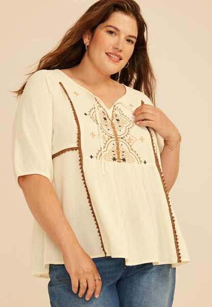 Maurices Plus Size Embroidered Front Tie Peasant Short Sleeve Blouse
