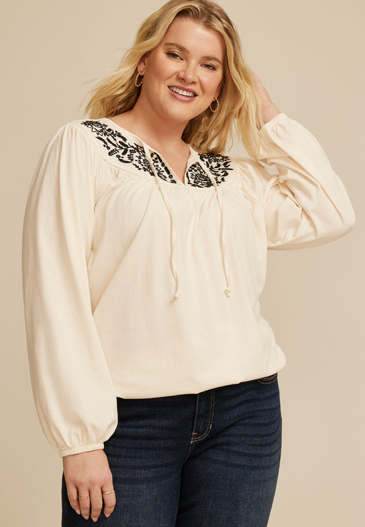 Maurices Plus Size Floral Embroidered Long Sleeve Blouse