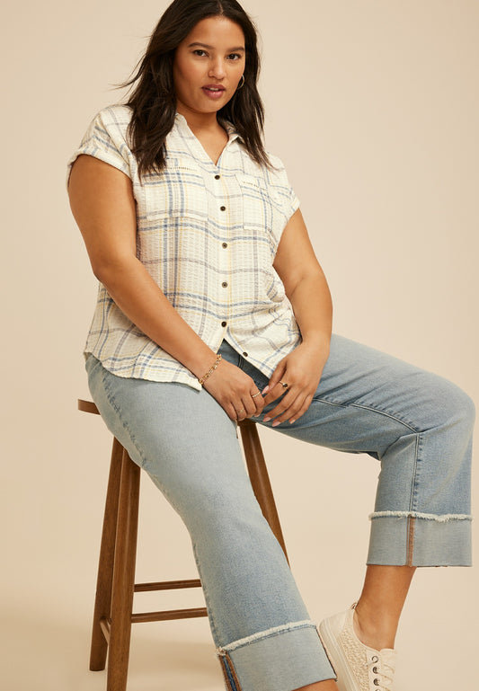 Maurices Plus Size Pucker Plaid Dolman Button Down Shirt