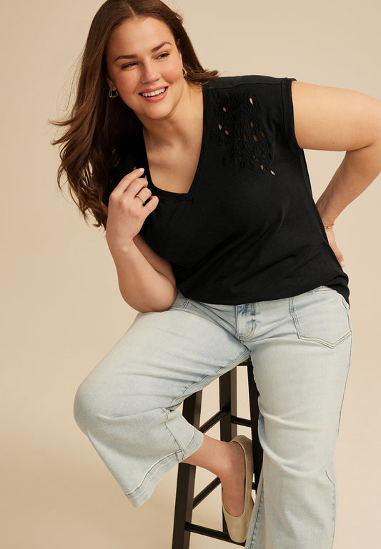 Maurices Plus Size Eyelet Cutwork V Neck Tee