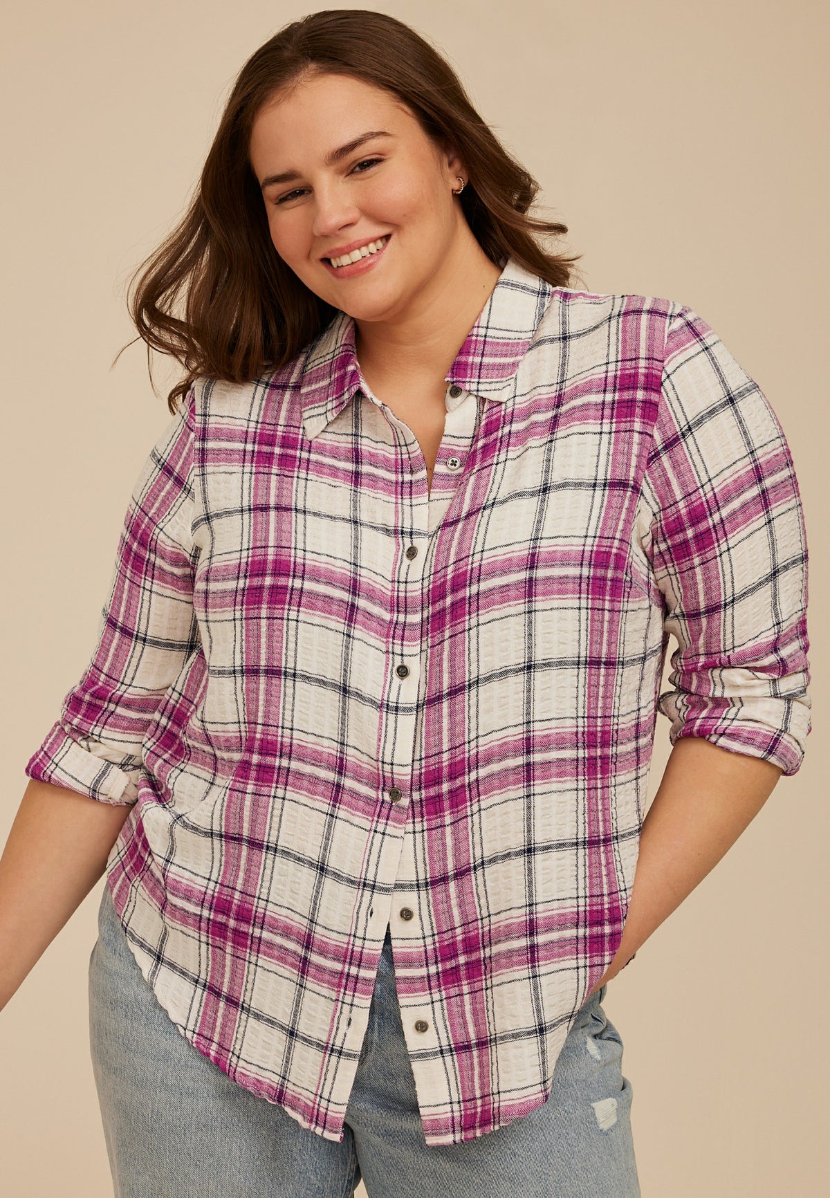 Maurices Plus Size Pucker Plaid Lace Back Button Down Shirt