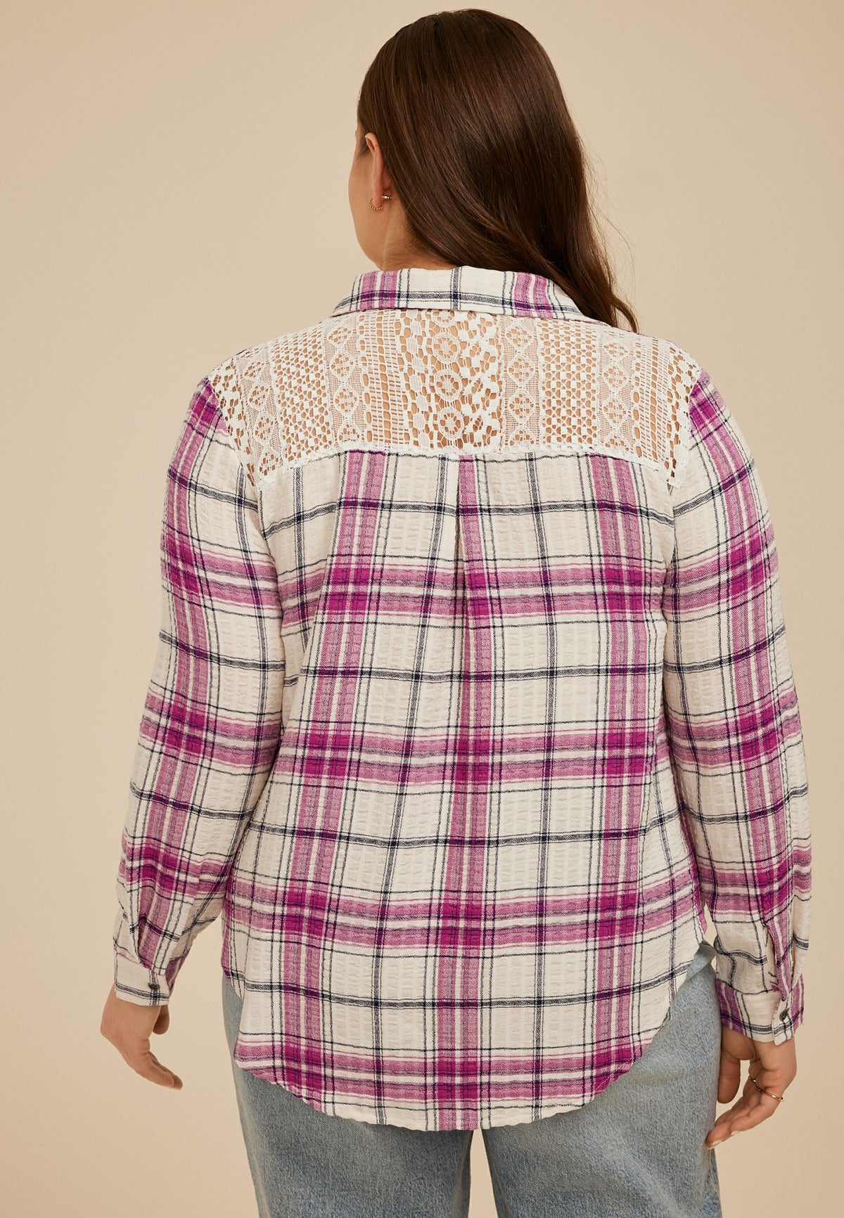 Maurices Plus Size Pucker Plaid Lace Back Button Down Shirt