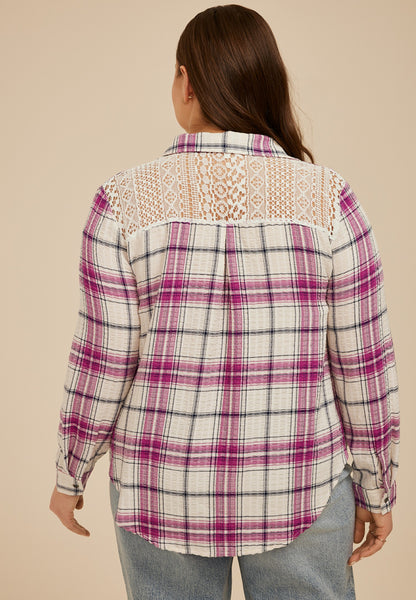 Maurices Plus Size Pucker Plaid Lace Back Button Down Shirt