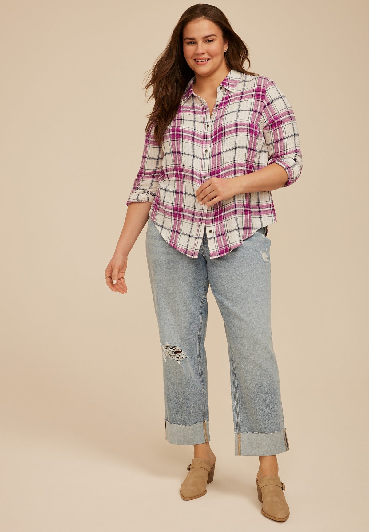 Maurices Plus Size Pucker Plaid Lace Back Button Down Shirt