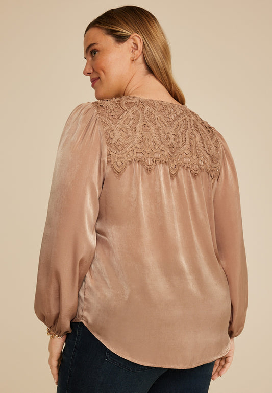 Maurices Plus Size Lace Yoke Satin Peasant Blouse