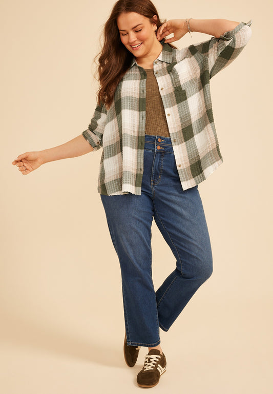 Maurices Plus Size Pucker Plaid Button Down Shirt
