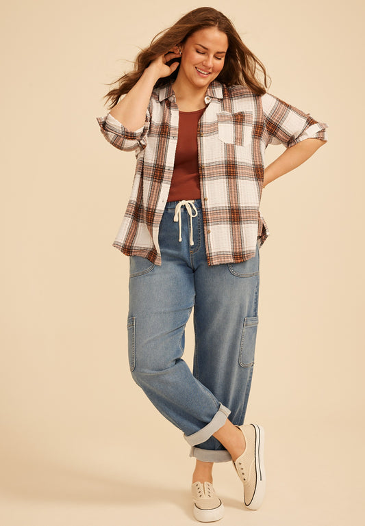Maurices Plus Size Pucker Plaid Button Down Shirt