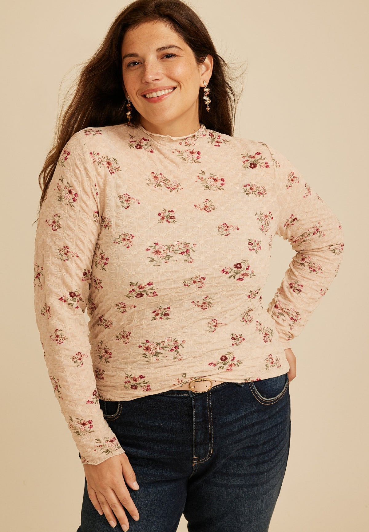 Maurices Plus Size Textured Floral Mesh Mock Neck Top
