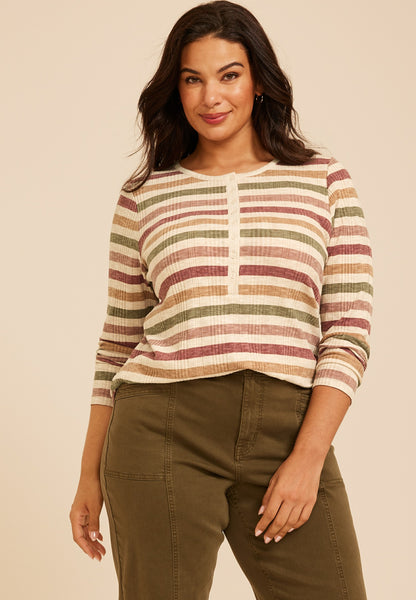 Maurices Plus Size Variegated Striped Rib Henley Long Sleeve Top