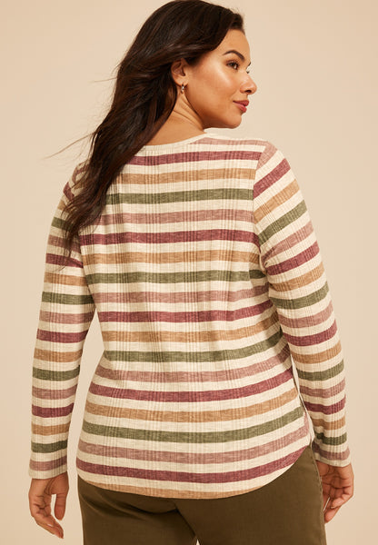 Maurices Plus Size Variegated Striped Rib Henley Long Sleeve Top