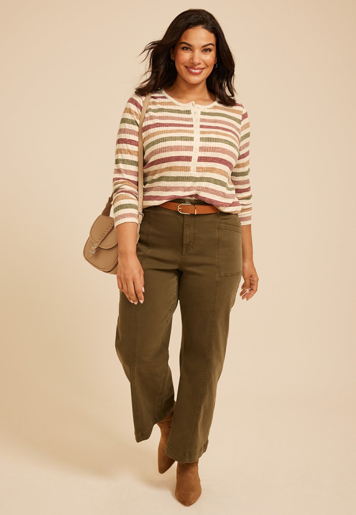 Maurices Plus Size Variegated Striped Rib Henley Long Sleeve Top