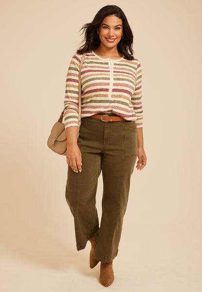 Maurices Plus Size Variegated Striped Rib Henley Long Sleeve Top