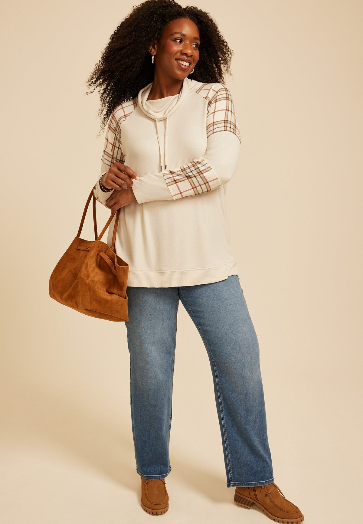 Maurices Plus Size Haven Plaid Mix Cowl Neck Top