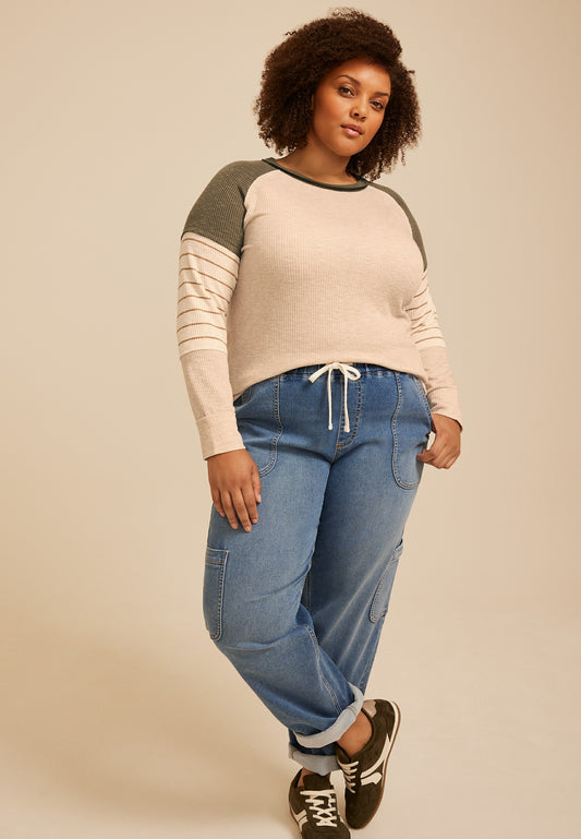 Maurices Plus Size Colorblock Ribbed Striped Sleeve Raglan Tee