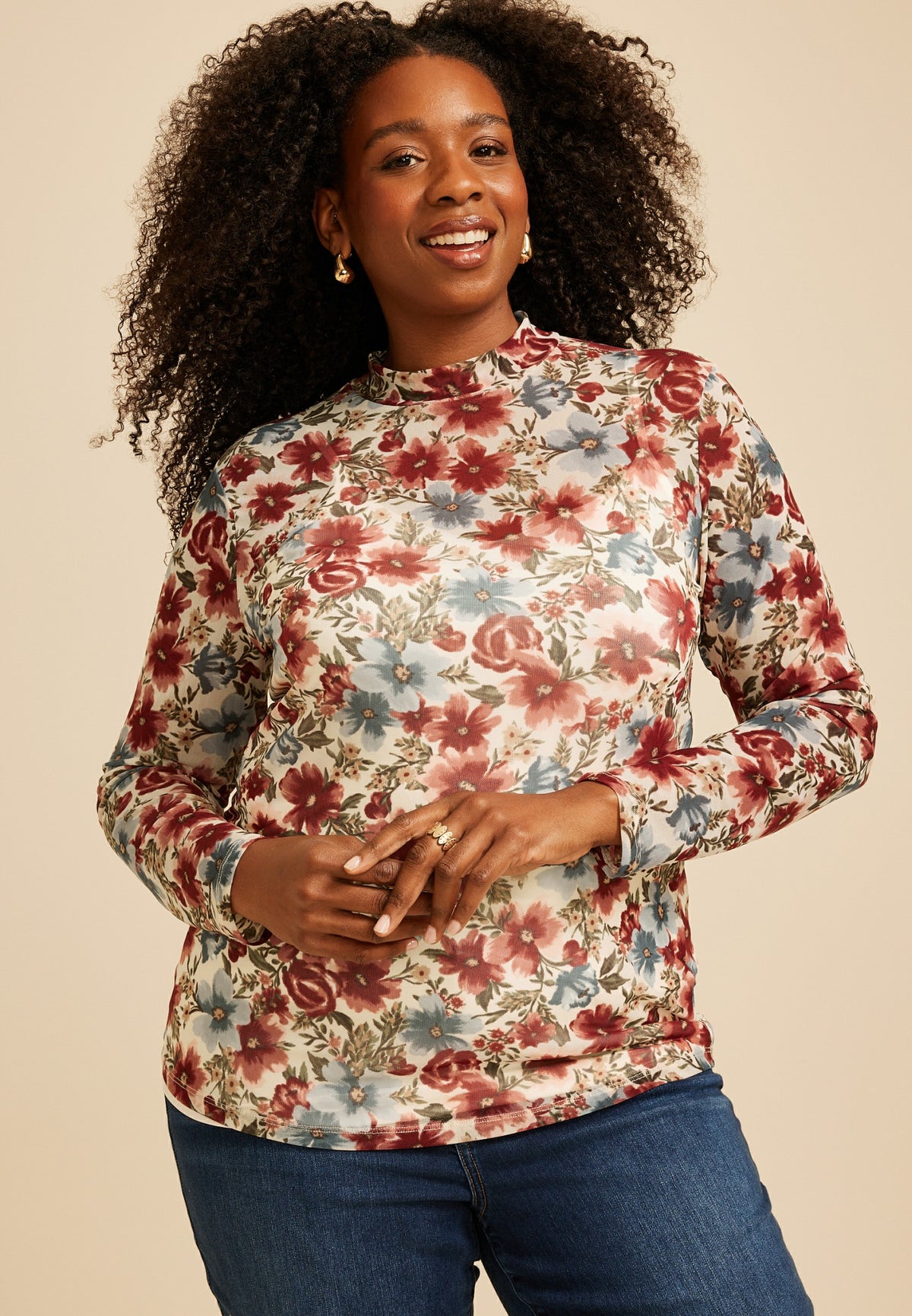 Maurices Plus Size Floral Mesh Mock Neck Top