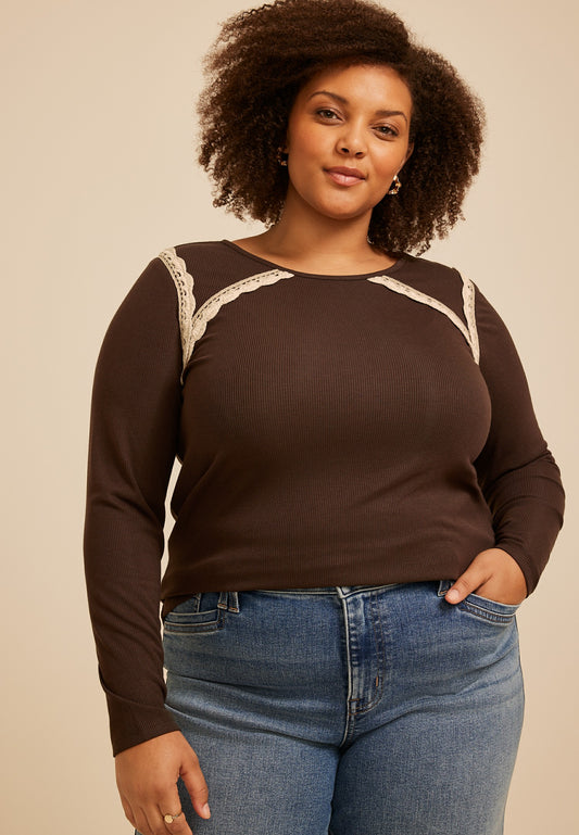 Maurices Plus Size Crochet Trim Ribbed Raglan Top
