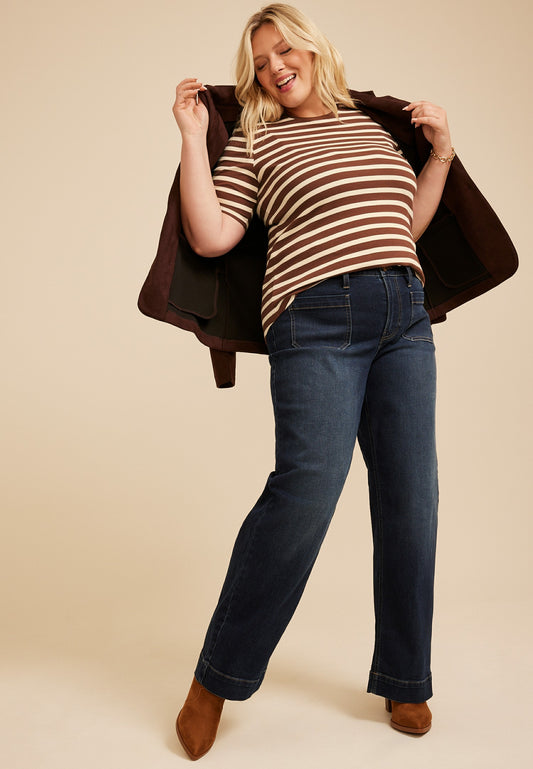 Maurices Plus Size 24/7 Striped Ribbed Elbow Sleeve Tee