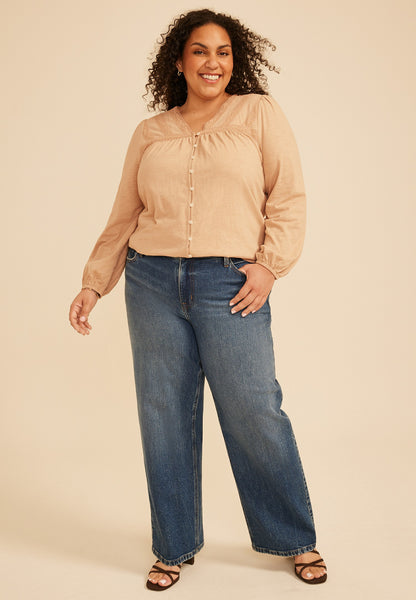 Maurices Plus Size Lace Trim V Neck Cotton Blouse