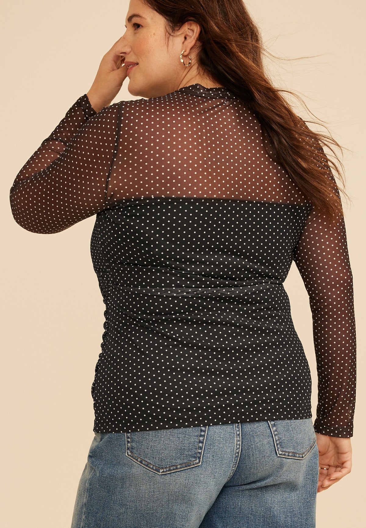 Maurices Plus Size Polka Dot Mesh Long Sleeve Top