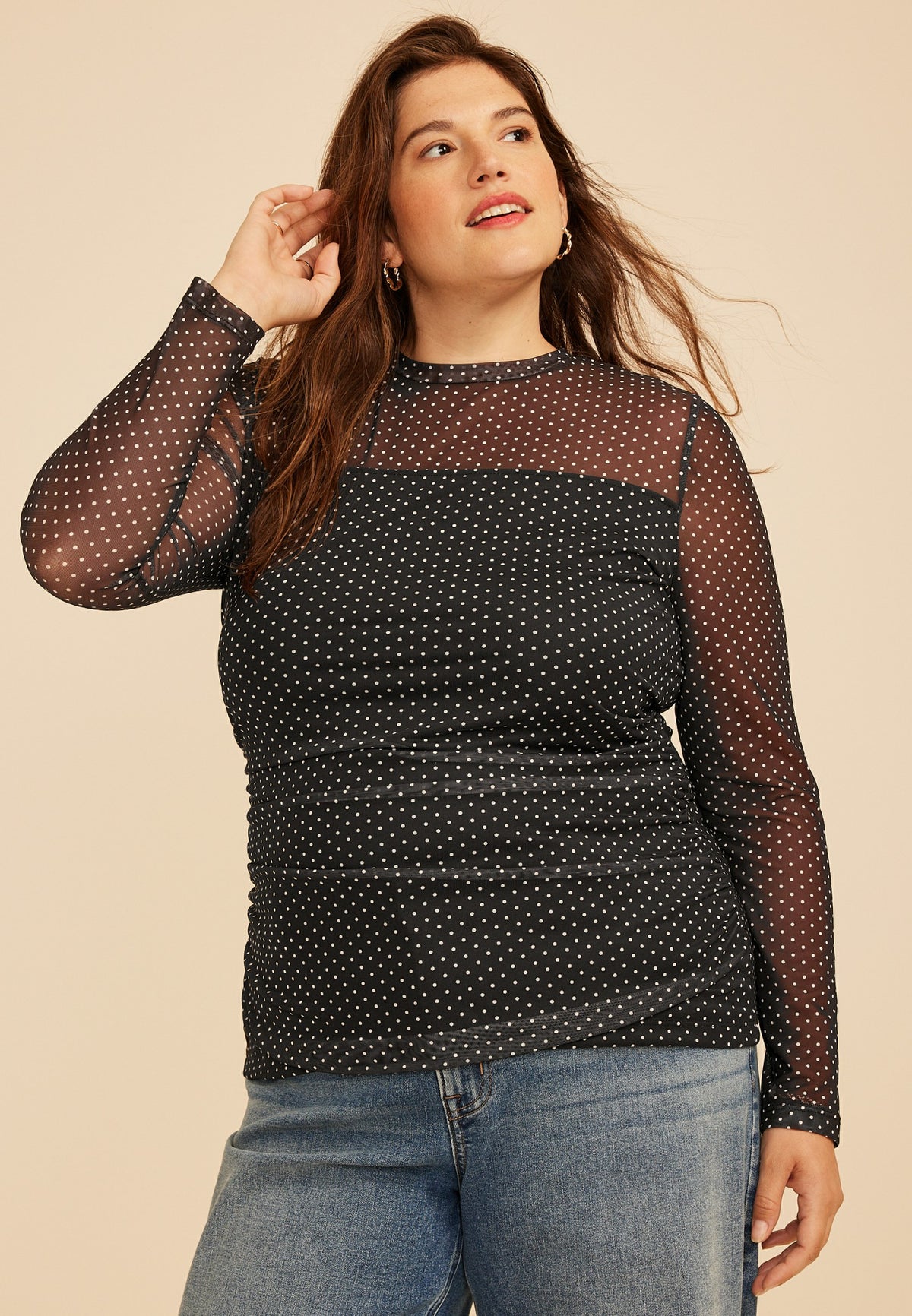 Maurices Plus Size Polka Dot Mesh Long Sleeve Top