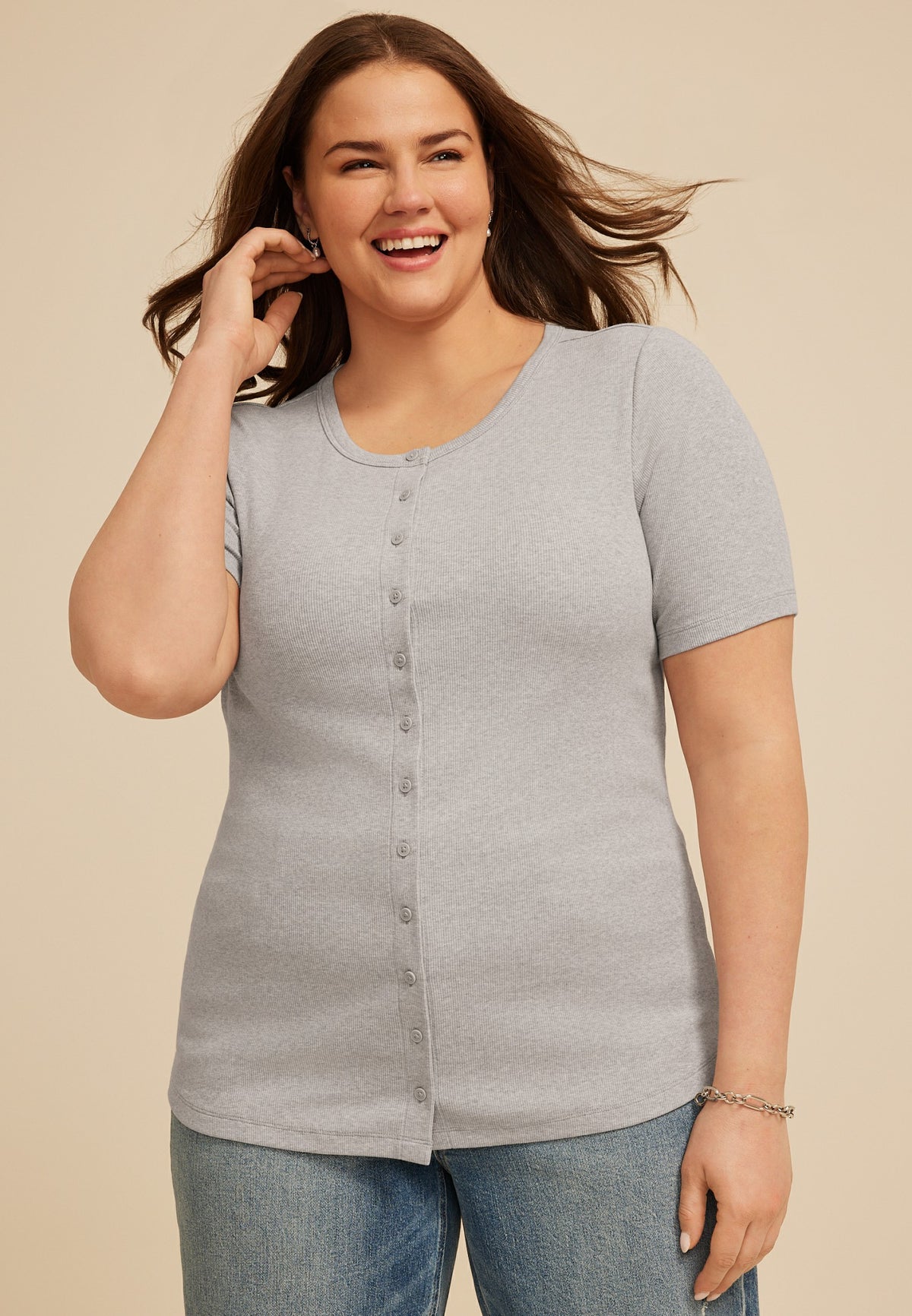 Maurices Plus Size Heather Gray Ribbed Button Front Short Sleeve Tee