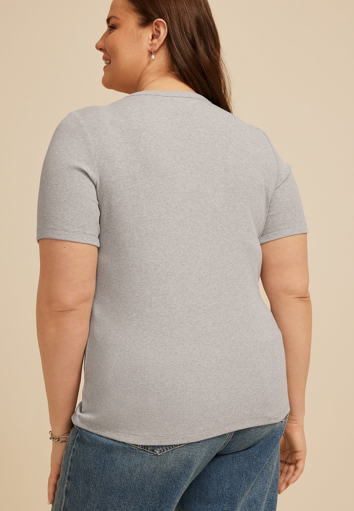 Maurices Plus Size Heather Gray Ribbed Button Front Short Sleeve Tee
