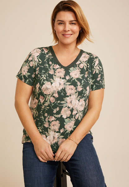Maurices Plus Size Floral Crochet Trim V Neck Tee