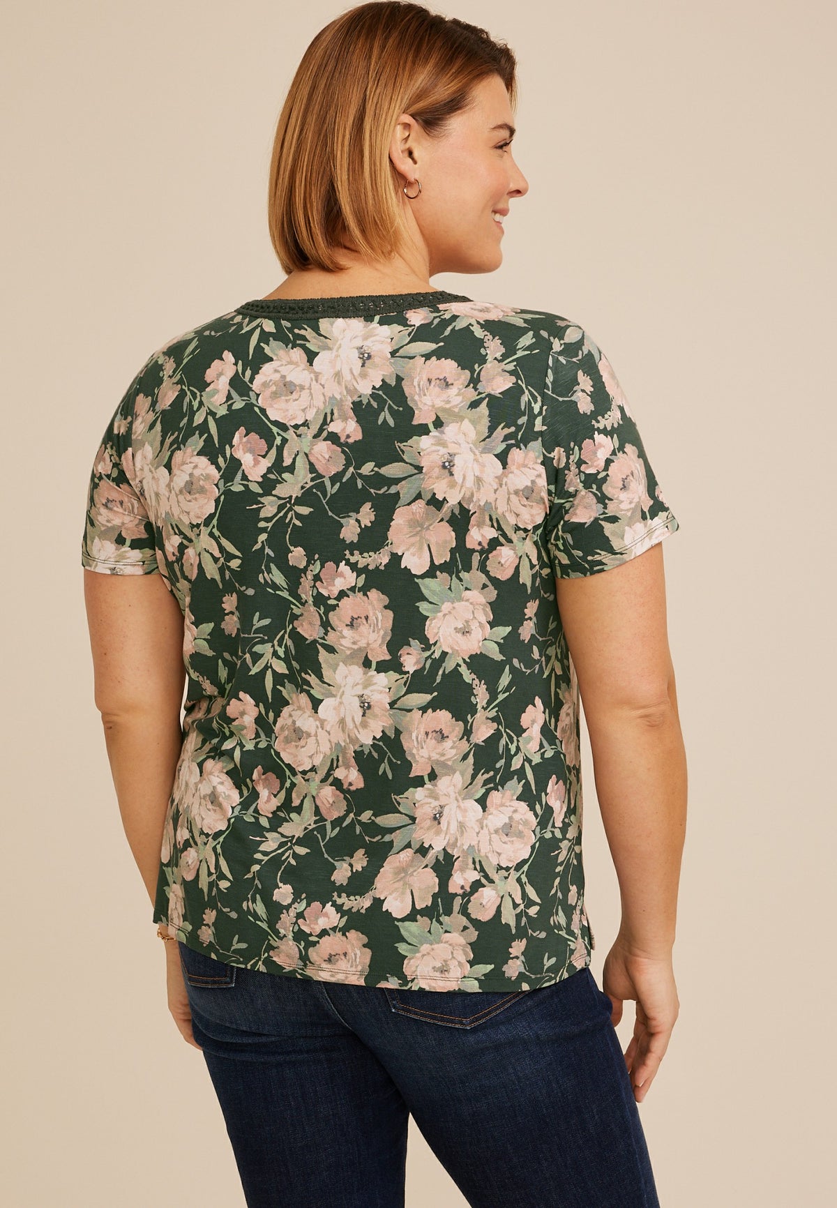 Maurices Plus Size Floral Crochet Trim V Neck Tee