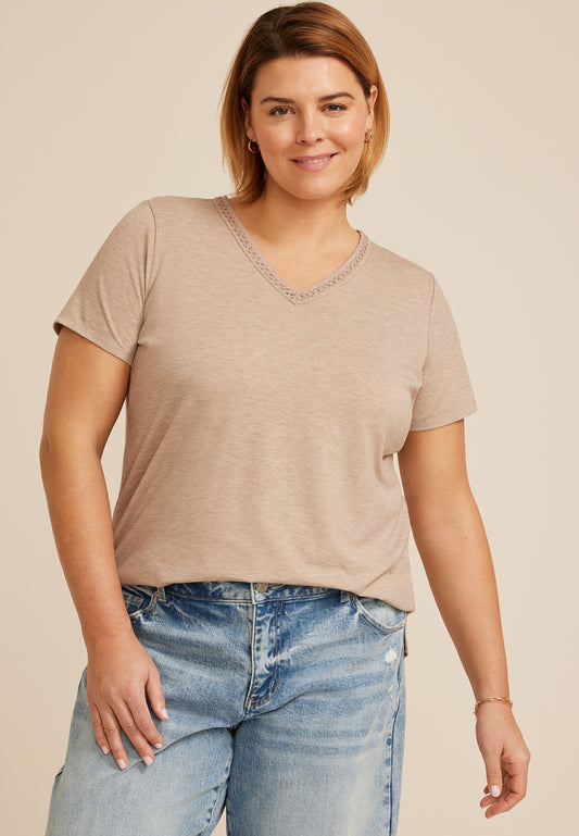 Maurices Plus Size Crochet Trim V Neck Tee