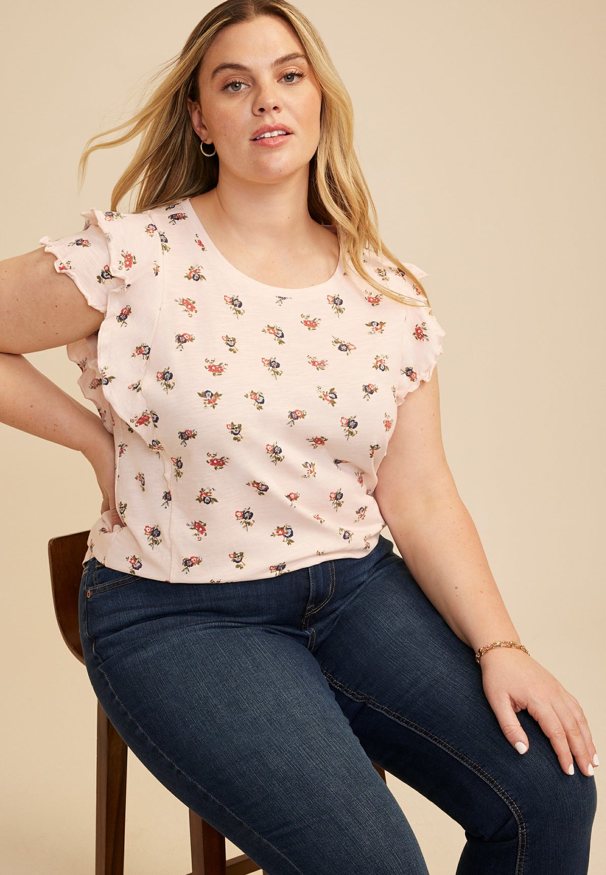 Maurices Plus Size 24/7 Floral Double Flutter Sleeve Tee