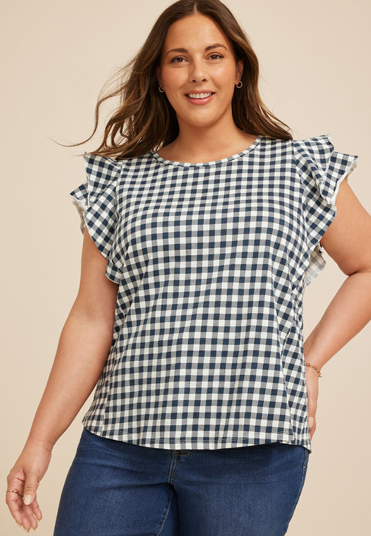 Maurices Plus Size 24/7 Gingham Double Flutter Sleeve Tee